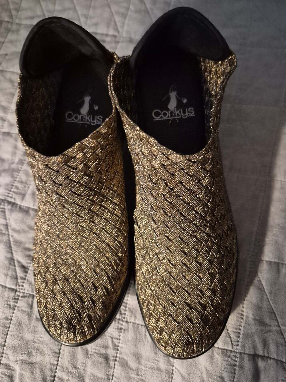 Corky's Hot Metallic Bronze Woven Stretch Slip-On Ankle Booties